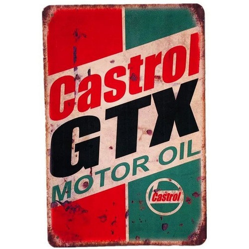 Castrol Oil Gtx - ป้ายโลหะคาสตรอล GTX มอเตอร์ ออยล์ ตกแต่งผนังร้านซ่อมรถสไตล์เรโทร สำหรับห้องแมนเคฟหรือโรงรถ