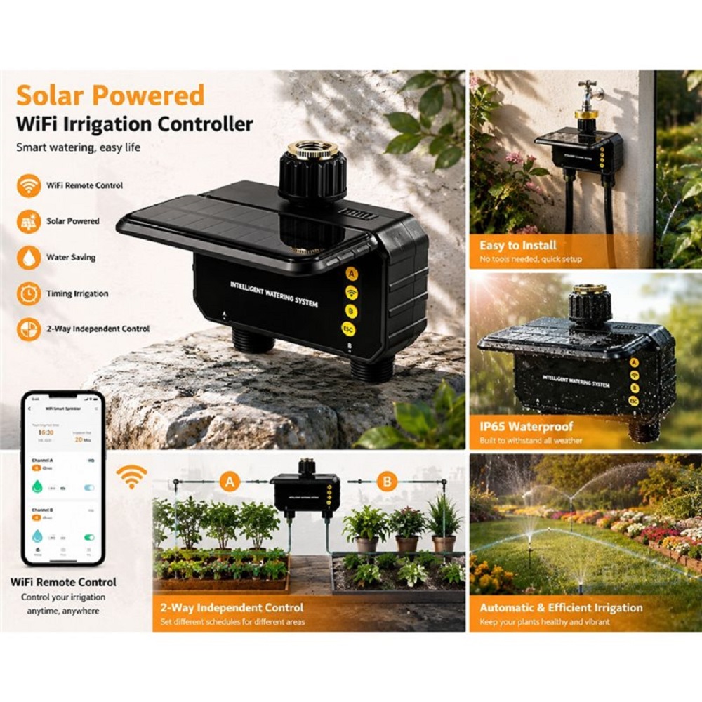 Outdoor Power Outlet Wifi - ตัวควบคุมการรดน้ำอัตโนมัติแบบใช้พลังงานแสงอาทิตย์สำหรับกลางแจ้ง 2 ช่องจ่ายน้ำ พร้อมระบบ WIFI