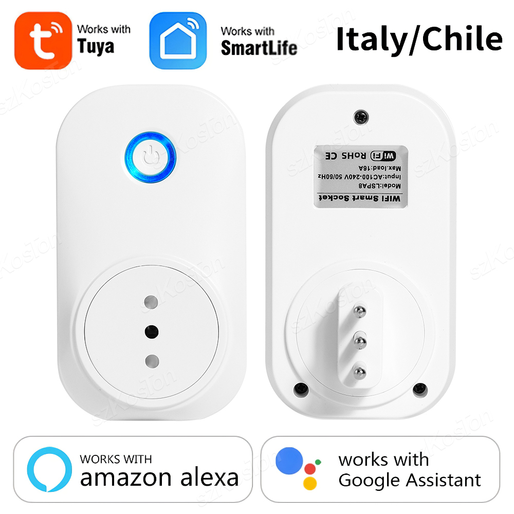 Outdoor Power Outlet Wifi - 16A ชิลีอิตาลี WIFI สมาร์ทซ็อกเก็ต Tuya สมาร์ทไลฟ์แอปไร้สายปลั๊กอัจฉริยะไร้สายพร้อมจอมอนิเตอร์จับเวลาเสียงทำงานร่วมกับ