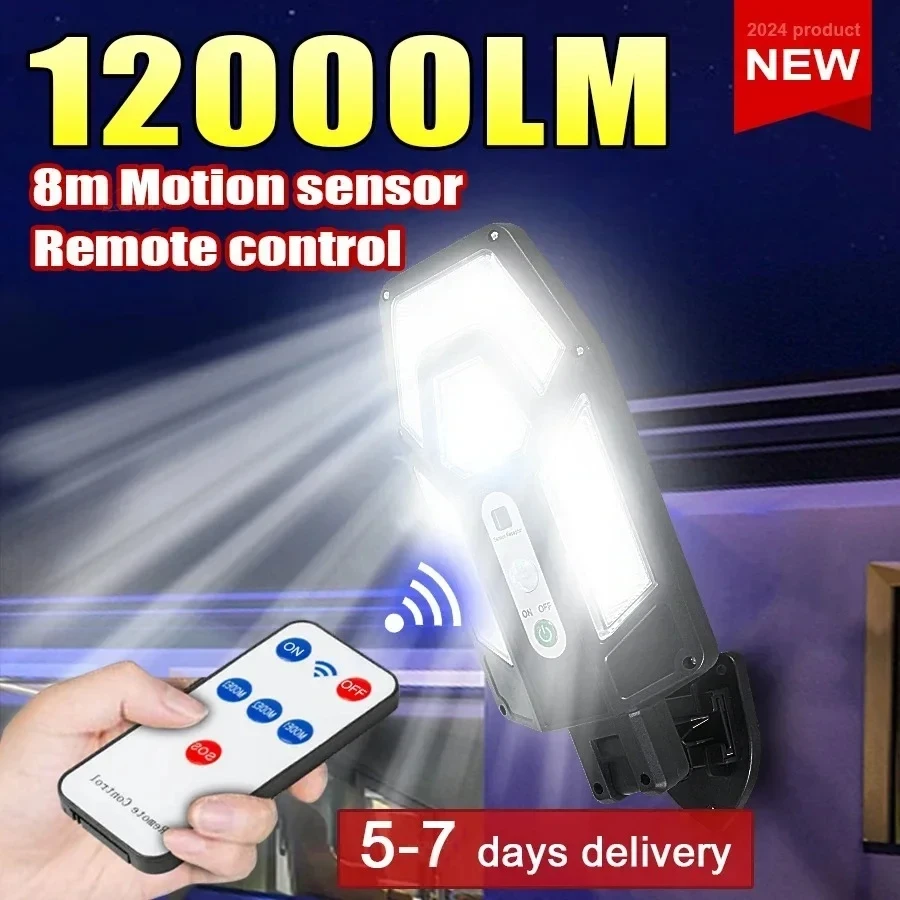 Outdoor Power Outlet Solar - โคมไฟติดผนังพลังงานแสงอาทิตย์ทรงพลัง 12000 ลูเมน พร้อมรีโมท ไฟส่องสว่างกลางแจ้งกันน้ำระดับ IP65
