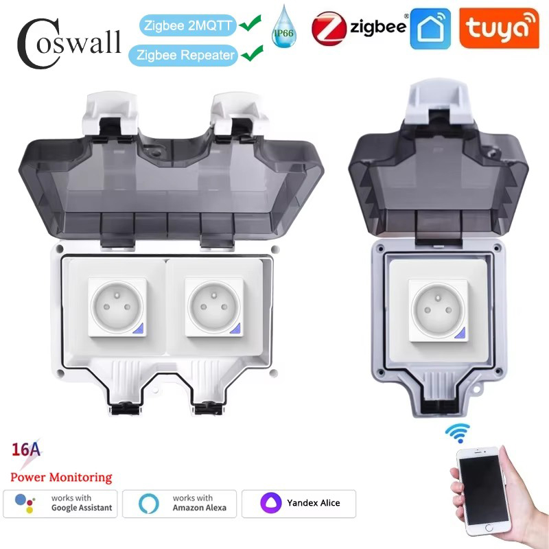 Outdoor Power Outlet Wifi - COSwall สวิตช์ตั้งเวลา WiFi/Zigbee พร้อมฟังก์ชันตรวจสอบพลังงานซ็อกเก็ตมาตรฐานกันน้ำแบบฝรั่งเศส IP66ตั้งโปรแกรมได้